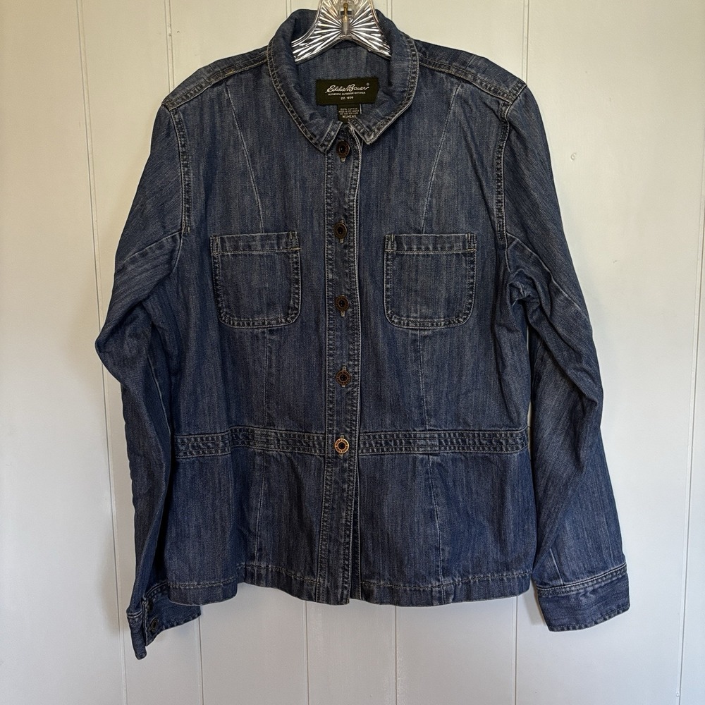 Eddie Bauer Women's Large Denim Jacket 100% Cotton Outdoor Outfitter Cinched